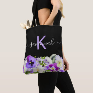 Monogram lila violette Schwarz-Florals-Skript Tasche
