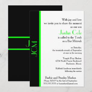 Monogram Lime Green Black Bar Mitzvah Einladung