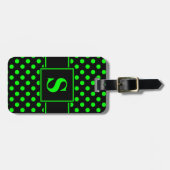 Monogram Lime Green Polka Dots auf Black Gepäckanhänger (Vorderseite horizontal)