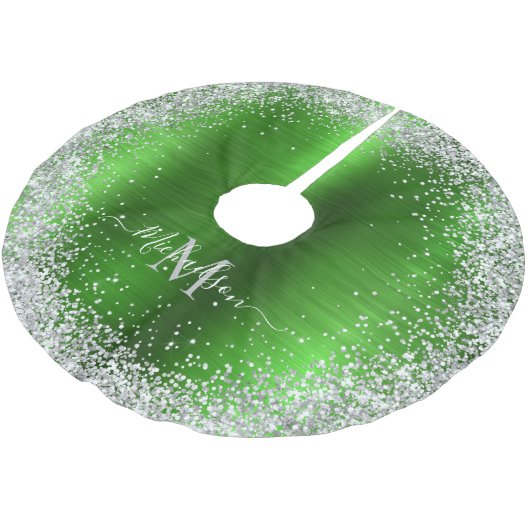 Monogram Lime Green Silver Glitzer Girly Glam Polyester Weihnachtsbaumdecke (Schrägansicht)