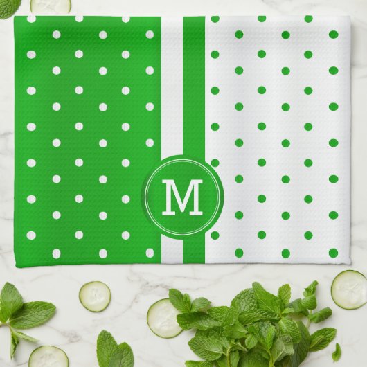 Monogram Lime Green und White Polka Dot Geschirrtuch (Gefaltet)