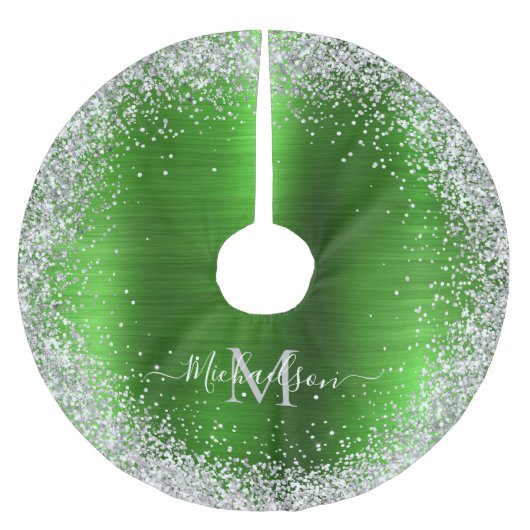 Monogram Limegrün Silber Glitter Girly Glam Polyester Weihnachtsbaumdecke (Vorderseite)