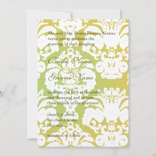 Monogram Limon Light Gold Damask Einladung (Vorderseite)