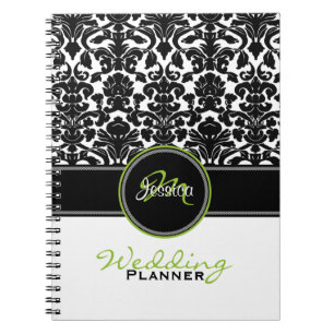 Monogram Limoner Schwarz-weiß Damask Hochzeitsplan Notizblock