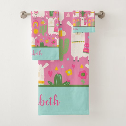 Monogram Llamas Rainbows Green Cactus Pink Girly Badhandtuch Set (Insitu)