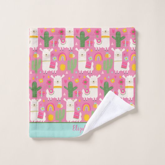 Monogram Llamas Rainbows Green Cactus Pink Girly Badhandtuch Set (Waschlappen)
