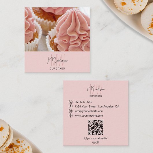 Monogram Logo Bakery Foto QR Pink Business Quadratische Visitenkarte