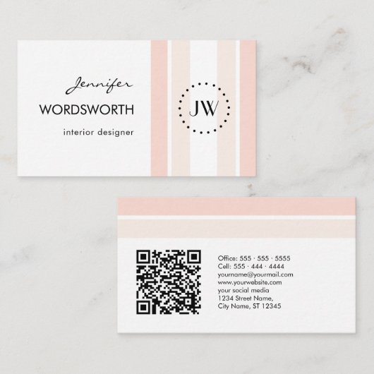 Monogram Logo Coral Pastell Beruflich QR Code Visitenkarte (Vorne/Hinten)