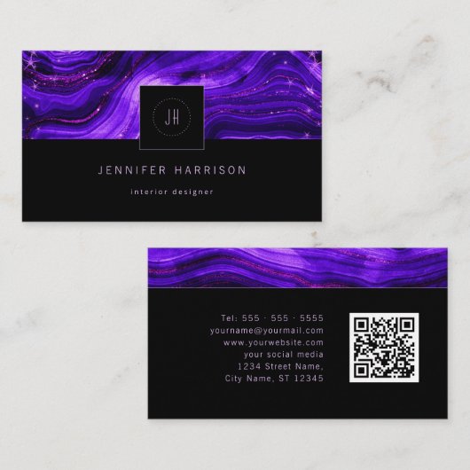 Monogram Logo Geode Lila Black Abstrakt QR Code Visitenkarte (Vorne/Hinten)