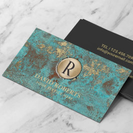 Monogram Logo Vintag Gold Turquoise & Aquamarin Visitenkarte
