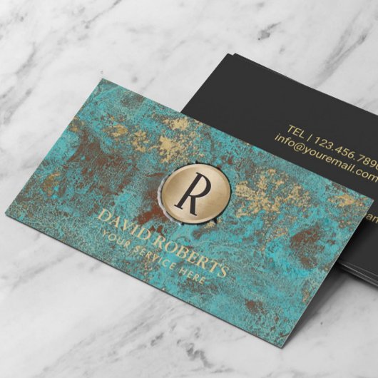 Monogram Logo Vintag Gold Turquoise & Aquamarin Visitenkarte