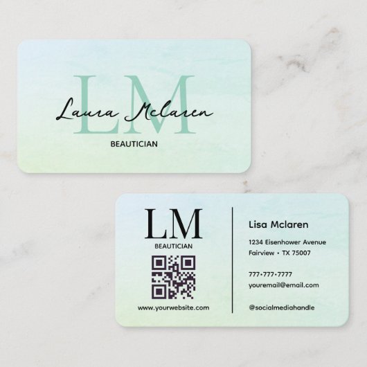 Monogram Luxe Aesthetics Mint Pastel QR-Code Visitenkarte (Vorne/Hinten)