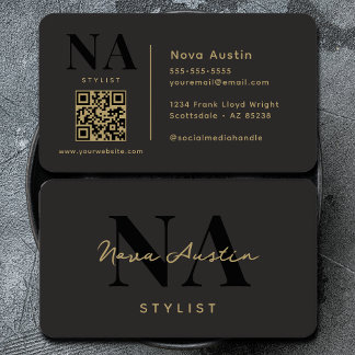 Monogram Luxe Trendy Aesthetic Gold Black QR Code Visitenkarte