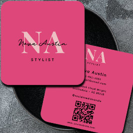 Monogram Luxe Trendy Aesthetic Hot Pink QR Code Quadratische Visitenkarte