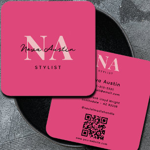 Monogram Luxe Trendy Aesthetic Hot Pink QR Code Quadratische Visitenkarte