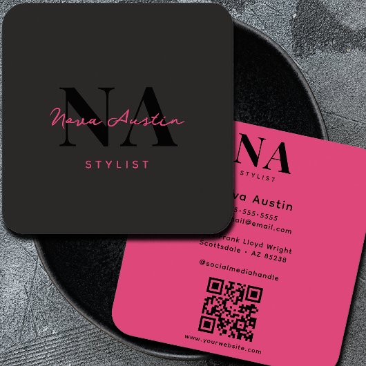 Monogram Luxe Trendy Aesthetic Hot Pink QR Code Quadratische Visitenkarte