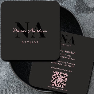 Monogram Luxe Trendy Ästhetik Pink Schwarz QR-Code Quadratische Visitenkarte