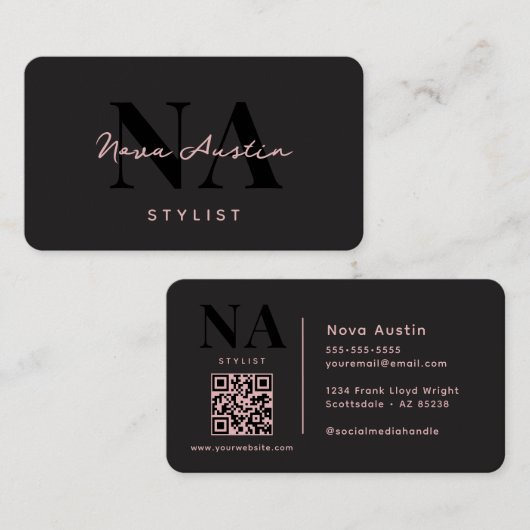 Monogram Luxe Trendy Ästhetik Pink Schwarz QR Code Visitenkarte (Vorne/Hinten)
