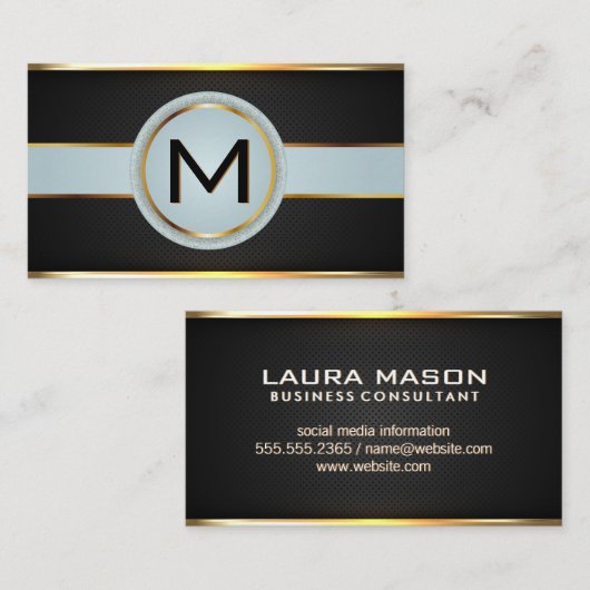 Monogram Luxury Gold Metallic Banner Black Mesh Visitenkarte (Vorne/Hinten)