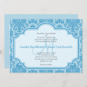Monogram M Blue Damask Hochzeitseinladungen Einladung (Vorne/Hinten)