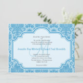 Monogram M Blue Damask Hochzeitseinladungen Einladung (Stehend Vorderseite)