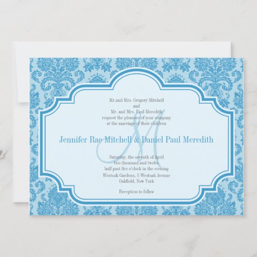 Monogram M Blue Damask Hochzeitseinladungen Einladung (Vorderseite)