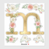 Monogram M Blush White Rose Floral Aquarell Aufkleber (Blatt)