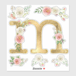 Monogram M Blush White Rose Floral Aquarell Aufkleber