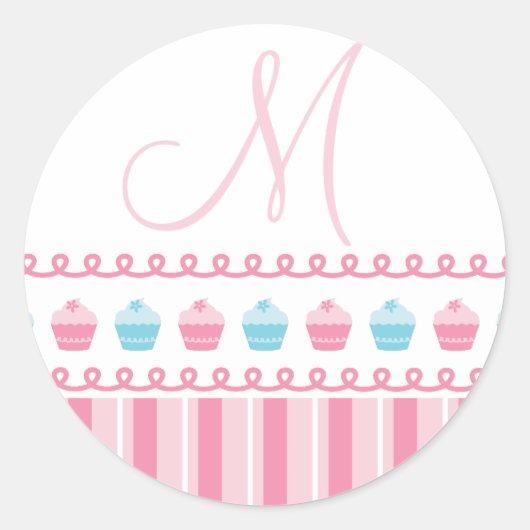 Monogram M Cupcakes Pinstripes Pink Blue Aufkleber (Vorderseite)