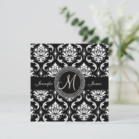 Monogram M Damask Black Wedding Einladungen (Stehend Vorderseite)