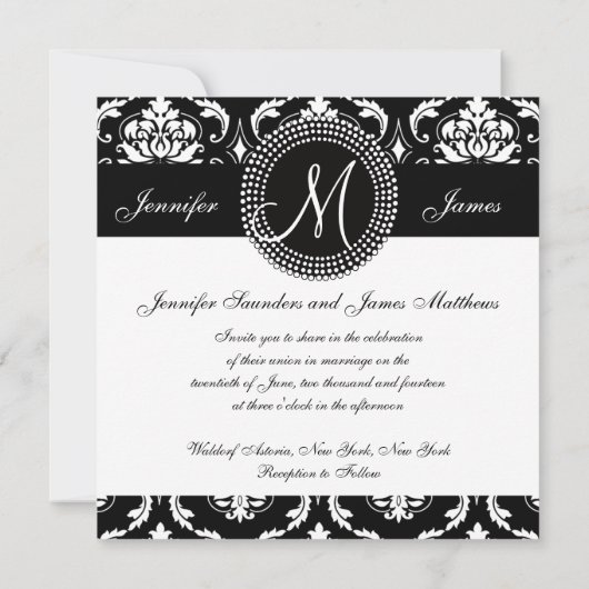 Monogram M Damask Black Wedding Einladungen (Rückseite)