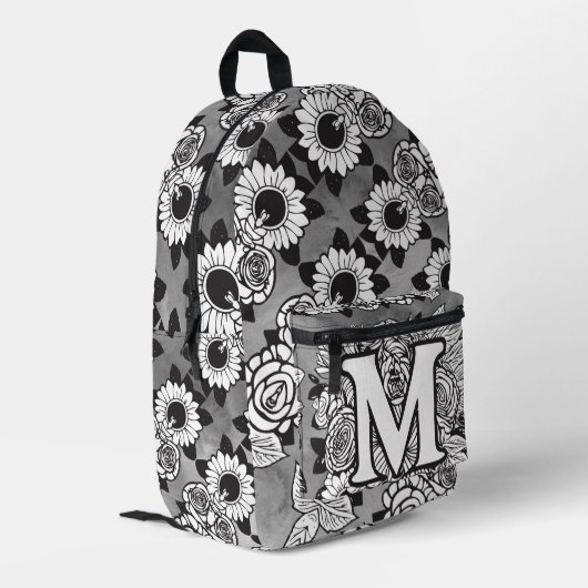 Monogram "M" Floral Tattoo Muster Schwarz-weiße DI Bedruckter Rucksack (Rückseitige Ecke links)
