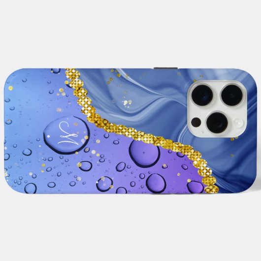 Monogram M Glam Gold Blue & Lila Droplets Case-Mate iPhone Hülle (Rückseite (Horizontal))