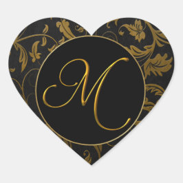 Monogram M Gold and Black Damask Wedding Siegel Herz-Aufkleber