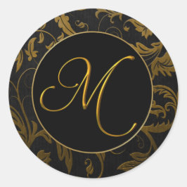 Monogram M Gold and Black Damask Wedding Siegel Runder Aufkleber