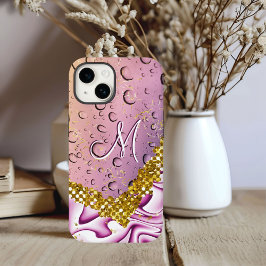 Monogram M Gold Glitzer Pink Fantasy Rain Drops Case-Mate iPhone 14 Hülle
