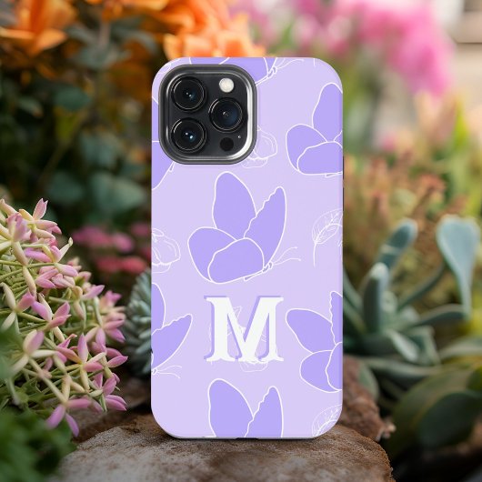Monogram M Modern Blue Lilac Butterfly Pattern iPhone Hülle