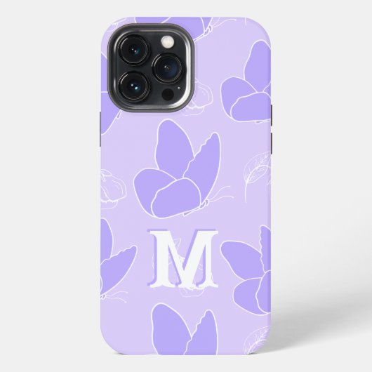 Monogram M Modern Blue Lilac Butterfly Pattern iPhone Hülle (Rückseite)