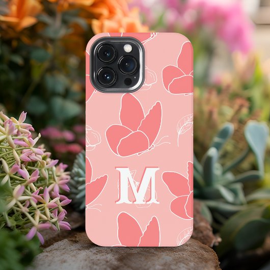 Monogram M Modern Coral Pink Butterfly Pattern iPhone Hülle