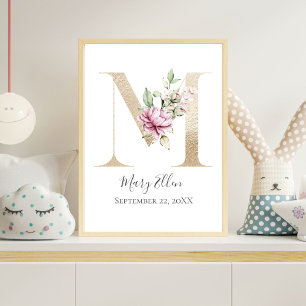 Monogram M Pink White Floral Gold Letter Kinderzim Poster