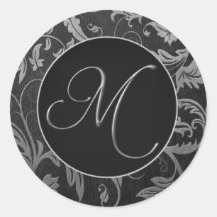 Monogram M Silver and Black Damask Wedding Siegel Runder Aufkleber