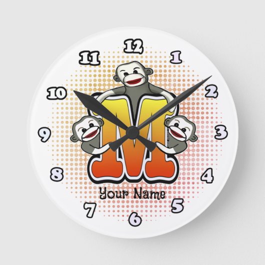 Monogram M Socken Monkey-Uhr Runde Wanduhr (Vorderseite)