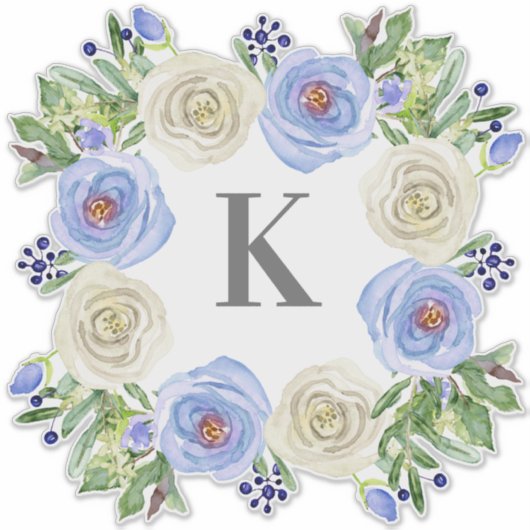 Monogram M Wedblue n White Rose Floral Wreath Aufkleber (Vorderseite)