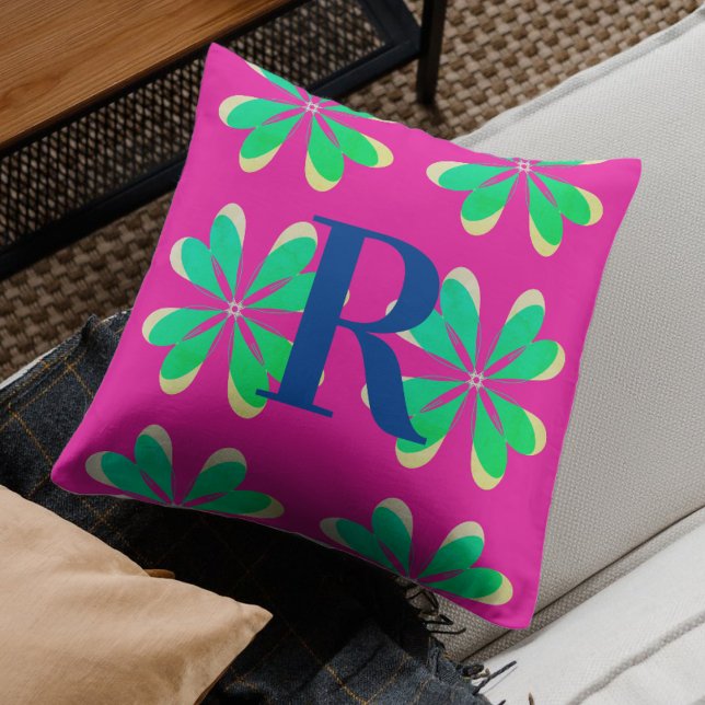 Monogram Magenta Emerald Green Retro Blume Kissen (Von Creator hochgeladen)