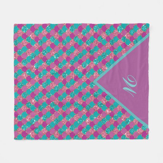 Monogram Magenta Lila Pink Aquamarine Meerjungensk Fleecedecke (Vorderseite (Horizontal))