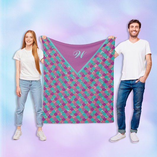 Monogram Magenta Lila Pink Aquamarine Meerjungensk Fleecedecke