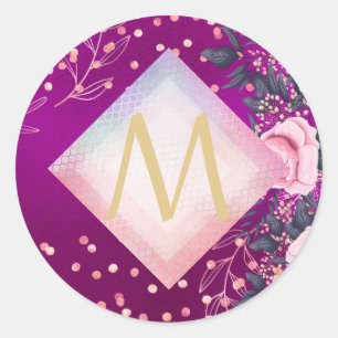 Monogram Magenta Rosegold Pink Metallic Glitzer Runder Aufkleber