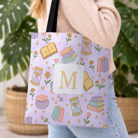 Monogram Magic Books Tote Bag Girly Purple Tasche