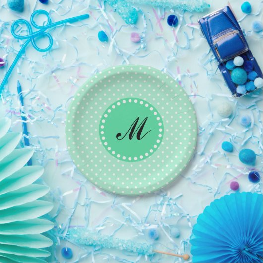 Monogram Magic Mint and White Polka Dot Pappteller (Party)