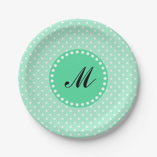 Monogram Magic Mint and White Polka Dot Pappteller (Vorderseite)